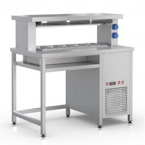 Prepacking Wall Table with a cooled well for 5 GN1/3-100mm and with a heating plate