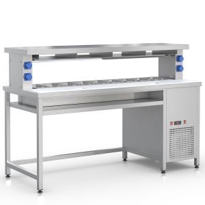 Prepacking Wall Table with a cooled well for 9 GN1/3-100mm and with cutting area