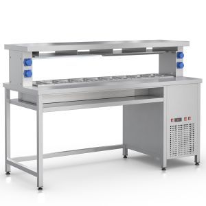 Prepacking Wall Table with a cooled well for 9 GN1/3-100mm and with a heating plate