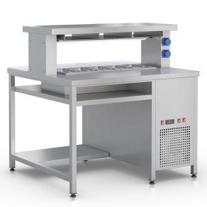 Prepacking Island Table with a cooled well for 5 GN1/3-100mm and with a heating plate