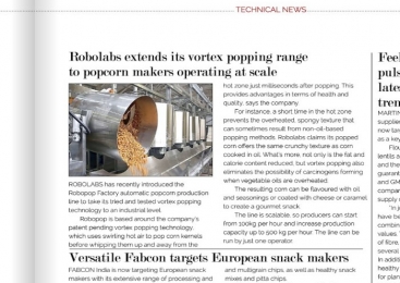 Industry News. The Snacks Magazine issue features RobopopFactory popcorn processing line